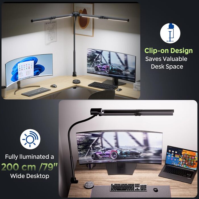 Лампа настільна EYOCEAN з 4 джерелами світла, 24W, 100 см, денне світло, з пультом, регулювання яскравості, LED, для офісу, з лебединою шиєю, захист очей, чорна матова