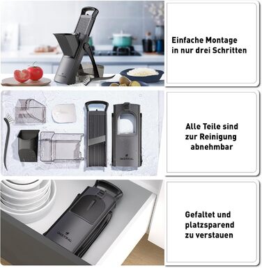 Мандоліна-слайсер ONCE FOR ALL Upgrade: безпечний, великого розміру, з регульованою насадкою для овочів та продуктів, для нарізки картоплі фрі, знімні леза (чорний/сірий)