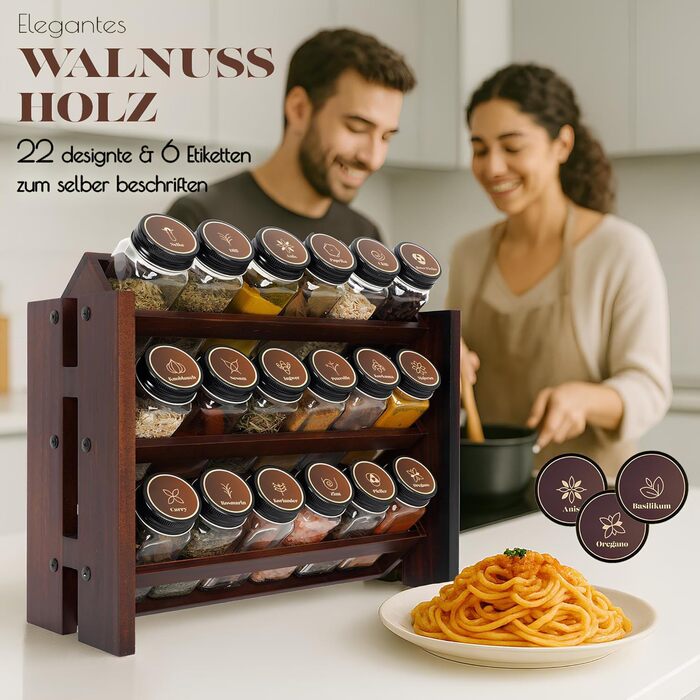 Elegant dark spice rack, wood, standing & wall mounted. 18 SPICE JARS, 25 LABELS. Spice organizer, spice rack, kitchen shelf, wood, vintage. Spice rack - spice rack system hanging - spice storage