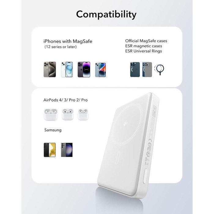 Power Bank ESR MagSafe 10000mAh, QI2, Бездротова Магнітна, 15W, USB-C, для iPhone/Pixel, Білий