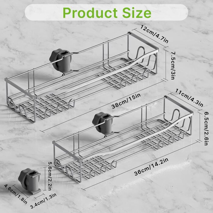 Двомісна поличка для душу без свердління, нержавіюча сталь 304, велика місткість, для стійок 18-25 мм, срібна
