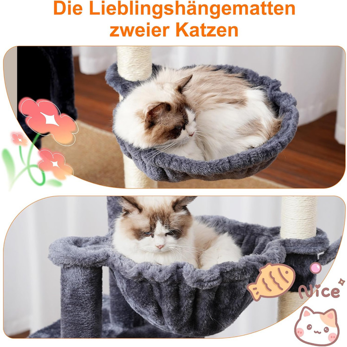 Кігтеточка-кімнатний комплекс Heybly Kratzbaum 100см з платформою, гротою, 2 гамаками та іграшками. Колір: сірий. Модель: HCT006SG