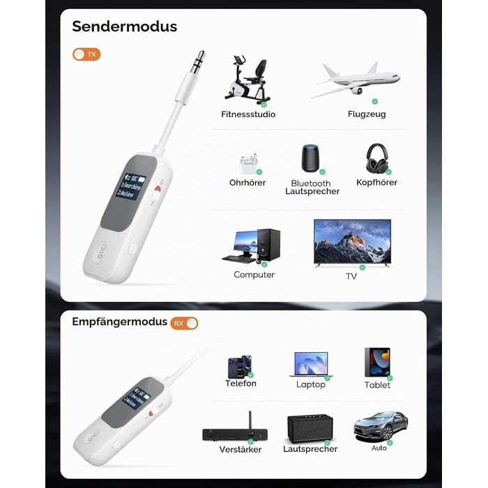 Bluetooth-трансмітер та ресивер Nulaxy BR08 з дисплеєм для навушників та AirPods, червоний