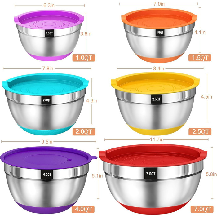 Mixing Bowl Set of 6, Stainless Steel Bowls Salad Bowls with Airtight Lid & Silicone Bottom, 3 Grater Attachments, 6.6 L/3.8 L/2.4 L/1.9 L/1.4 L/0.6 L - Colorful