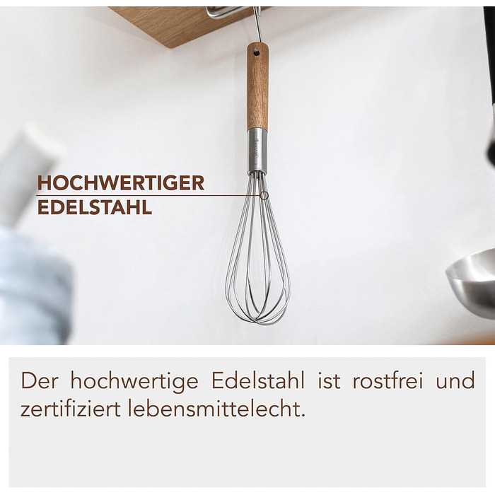 Преміум вінчик для збивання з дерев'яною ручкою з акації 28 см - високоякісний вінчик для збивання з нержавіючої сталі для кухні (стійкий до корозії) - дизайнерський вінчик та ручний вінчик з дерева