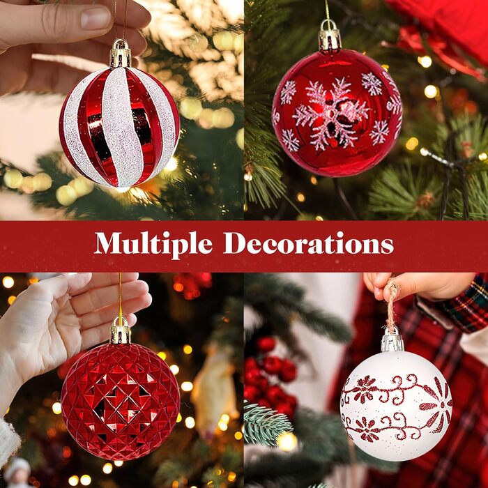 44 штуки новорічних кулі пластикові, набір прикрас для ялинки, персоналізовані кулі для ялинки білі та червоні, новорічний декор для ялинки, зовнішній та внутрішній декор білий та червоний