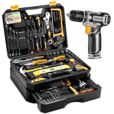 Акумуляторний дриль-шуруповерт DEKO 12V: набір інструментів 238 шт. з кейсом. Електричний дриль для дому, рукоділля та дрібного ремонту. Жовтий.
