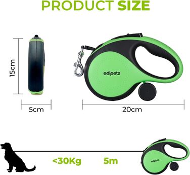 Hundeleine Edipets висувна та звичайна, 5/8 м, для собак маленьких, середніх та великих порід, для прогулянок та тренувань (зелена)
