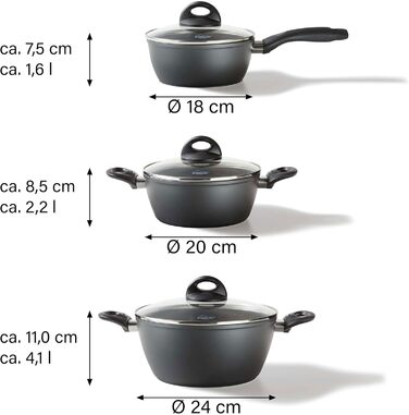 STONELINE Ceramic Cookware Set, 6-Piece, 18/20/24cm Pots with Lids. PFAS-Free, Non-Stick Pot. Suitable for Induction and All Cooktops with Ceramic Coating and Real Stone Particles. Cookware Set, Grey, 6-Piece