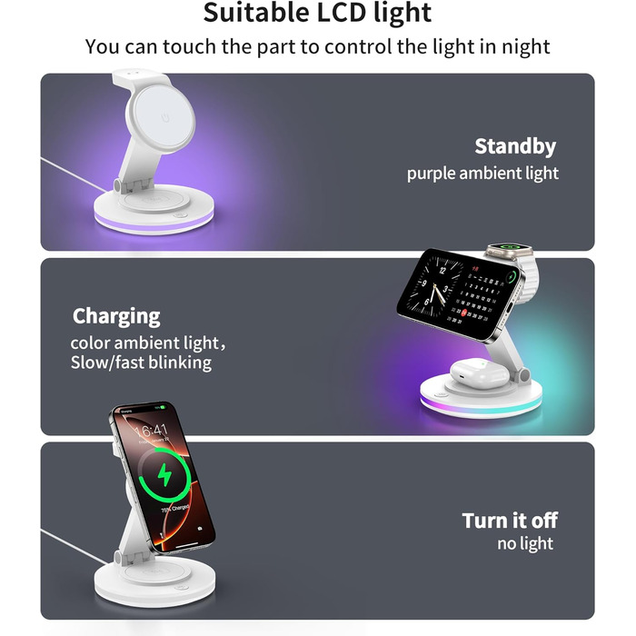 Зарядний пристрій MagSafe 3-в-1 для Apple Watch та iPhone, складний, поворотний з регулюванням світла, бездротовий зарядний станція MagSafe для iPhone 16/15/14, AirPods (без адаптера)