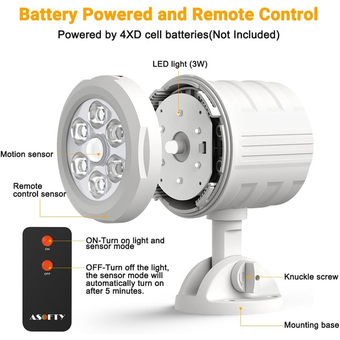 ASOFTY Motion Sensor Outdoor Battery Spotlight with Remote Control, 6 LED Wireless Battery-Powered 1000LM Spot Lamps, IP65 Waterproof Security Lamp for Garden, Garage, Indoor and Outdoor