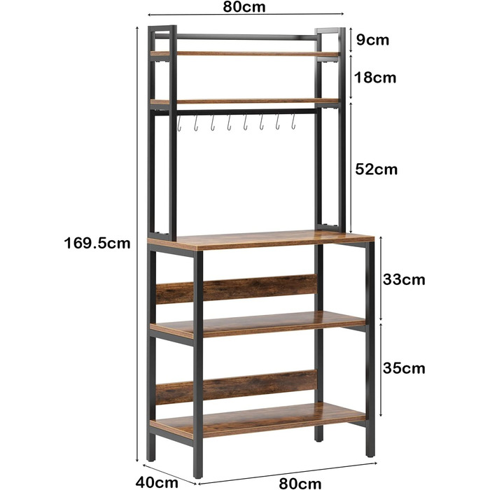 Стелаж для кухні SogesHome 5-ярусний, з гачками, 80x40 см, вінтаж