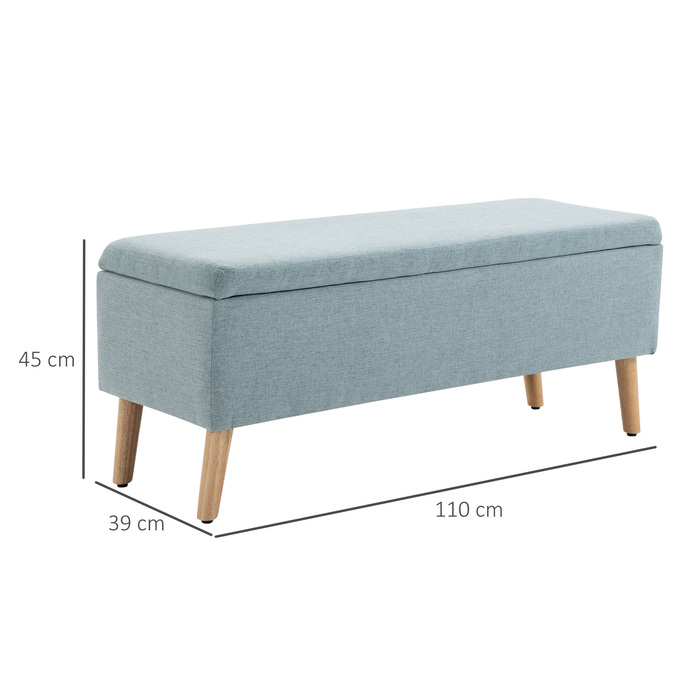 HOMCOM Bench, Light Green Upholstered Bench with Storage, 110x39x45cm, made of linen-like polyester and rubber wood, in a Scandinavian design