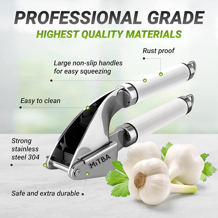 MiTBA Garlic Press Set with Non-Slip Grips - Includes Silicone Tube Peeler & Cleaning Brush