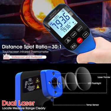 Інфрачервоний термометр AIOMEST з логуванням даних через APP, промисловий IR пірометр 1600°C | Оптика 30:1 з подвійним лазером | Температурна пістолета для вимірювання температури для HVAC, промислових печей, кузень та піци | Bluetooth-з'єднання