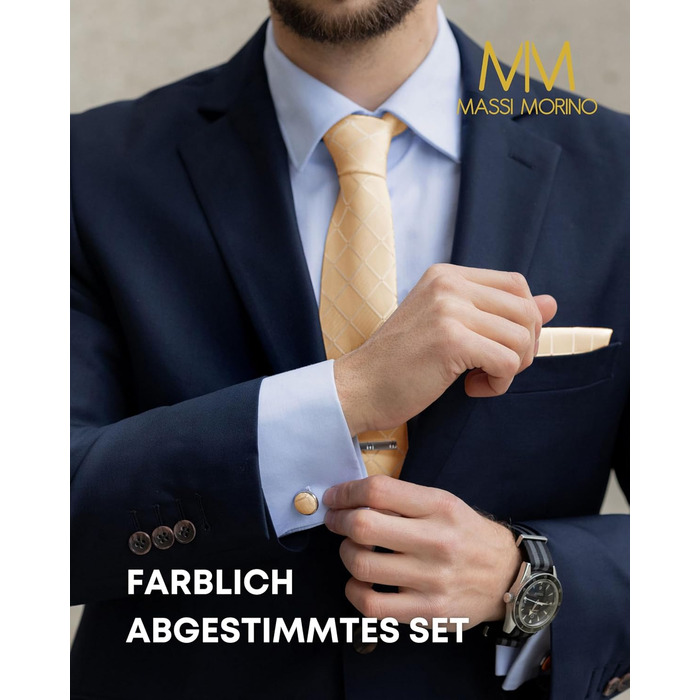 Набір краваток Massi Morino для чоловіків з нагрудним хустиною, краватковою голкою та затискачами для краваток, подарункова коробка - ідеальний вибір для весілля, універсальний розмір (Champagne Square)