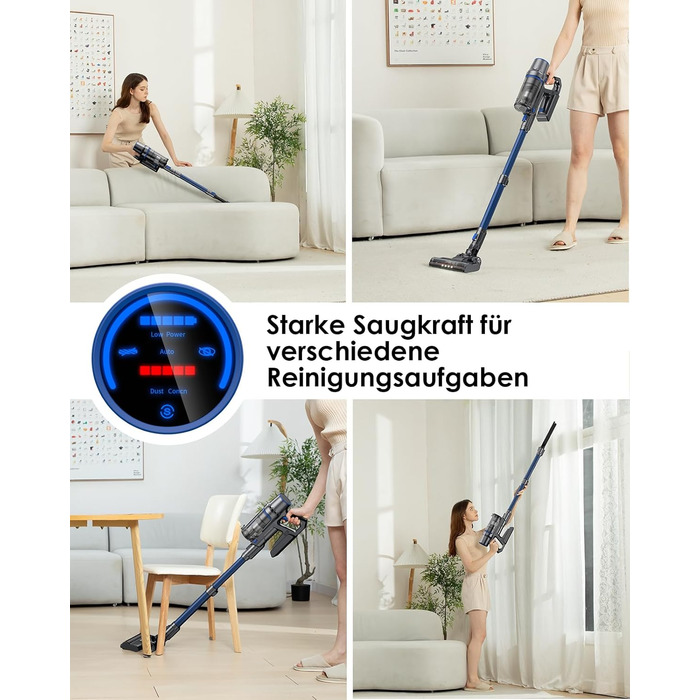 Бездротовий акумуляторний пилосос з функцією миття підлоги, 45000 Па/550 Вт/60 хв, безщітковий двигун, LED-дисплей, самостійна парковка, для твердих поверхонь, килимів та шерсті тварин, блакитний