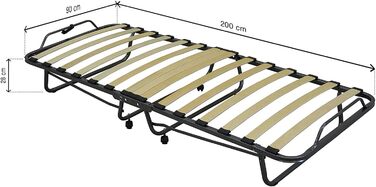 Розкладне ліжко Cortassa XL Comfort з матрацом з поліуретану, 90x200 см, з дерев'яним ламелевим дном, на колесах, висота 10 см