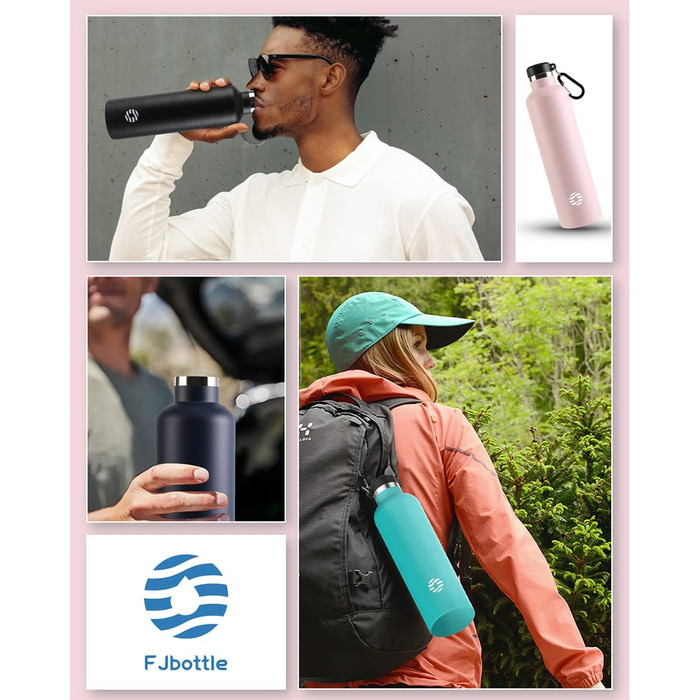 Фляга спортивна Feijian 1L з карабіном - не протікає, з нержавіючої сталі, для води, кави, чаю, без BPA, зелена