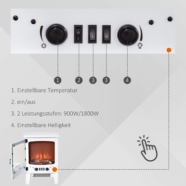 HOMCOM LED Electric Fireplace Standalone Fireplace with Flame Effect 900/1800W Metal & ABS Plastic in White 39 x 26 x 54.8 cm for a Cozy Atmosphere