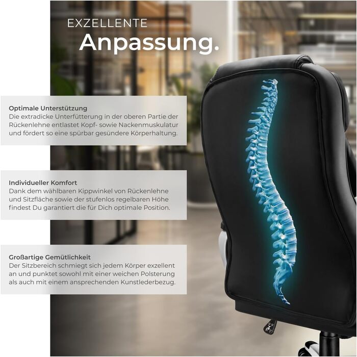 Офісне крісло tectake® з підлокітниками, регулюванням висоти та функцією гойдання, чорне, з підкладкою 12 см, оббивка під шкіру