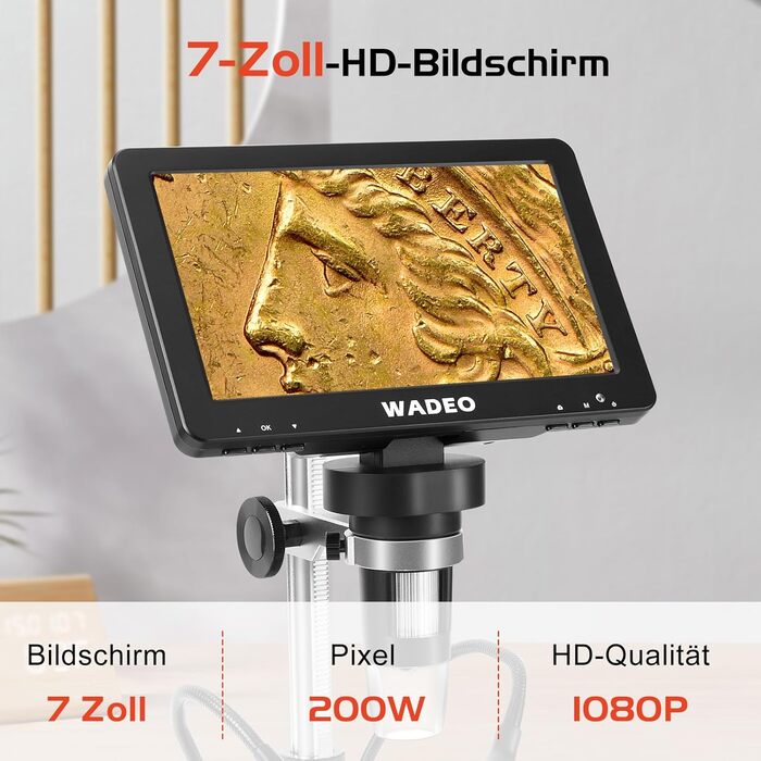 Цифровий мікроскоп WADEO USB HD з зумом 50x-1600x, портативна інспекційна камера з 8 LED, сумісний з iOS, Android та планшетами (7 дюймів)