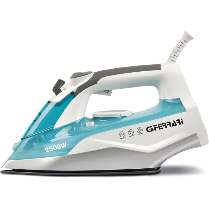 Праска відпарювач G3 Ferrari Ermes, 2500 Вт, керамічна підошва, 340 cc, 150 г/хв, самоочищення, захист від накипу та протікання, 51 мікроотвір, білий/світло-блакитний
