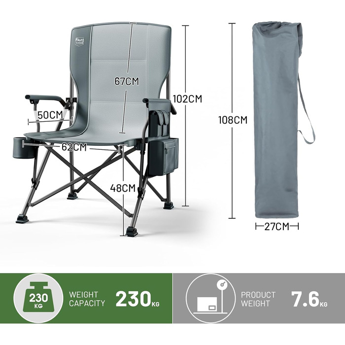 Крісло для кемпінгу Timber Ridge XXL, 230 кг, широке сидіння 62 см, висока спинка, підсклянник, міцні підлокітники для кемпінгу, пікніка, саду та балкону