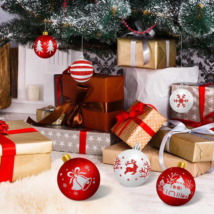 Шарм-кулі для ялинки з пластику, 16 шт. Червоні та білі прикраси для ялинки, з петелькою, набір