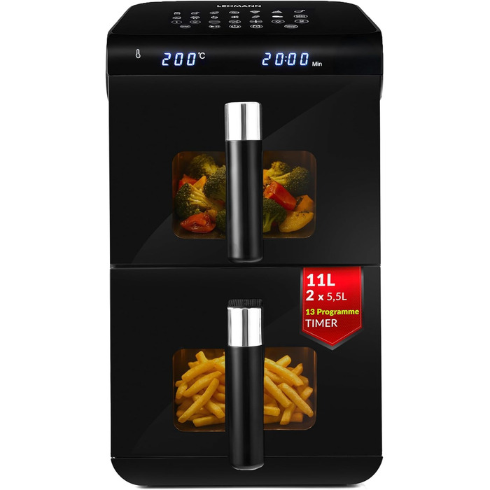 Фритюрниця без олії LEHMANN з 2 камерами, 2400 Вт, AirFryer XXL з 12 програмами, до 200°C, WiFi, 11л – для смаження, випікання, сушіння, грилю