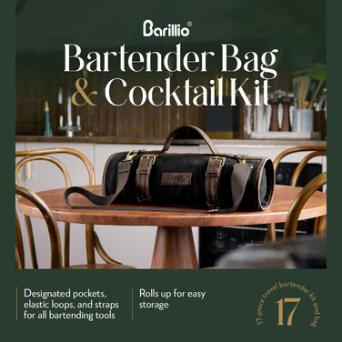 Набір бармена Barillio з золотим шейкером: 17 предметів, сумка для подорожей, вощена тканина - мобільний бар для коктейлів