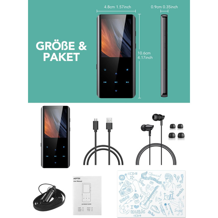 MP3 плеєр AGPTEK 64GB Bluetooth 5.3, 2.4