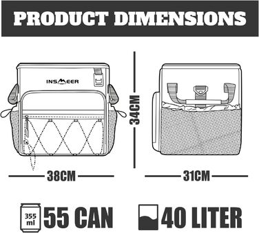 INSMEER Велика термосумка на колесах 40л, 60 банок, водонепроникна, для пляжу, кемпінгу, пікніка, покупок (сіра)