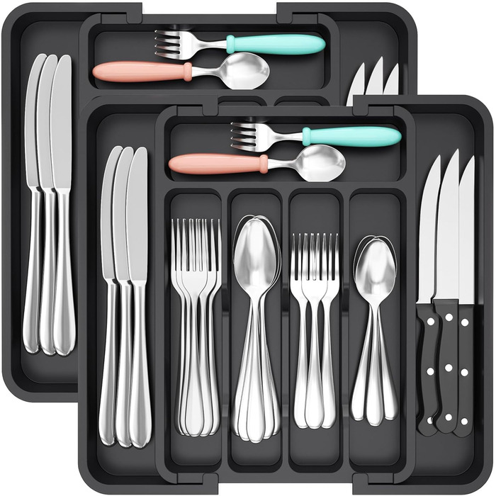 Lifewit 2 Pack Cutlery Box, Adjustable Width from 23 to 37 cm Cutlery Insert for Drawers, 5 to 7 Compartments Drawer Cutlery Organizer for Kitchen, Small Cutlery Holder for Spoons/Forks, Black