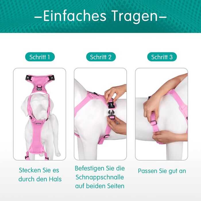 Шлейка для собак PoyPet світловідбиваюча, м'яка, дихаюча, сітка, без ризику удушення, з подвійним наповнювачем, регульована, рожева (M, 1 шт.)