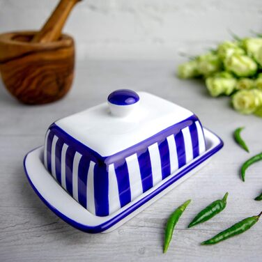 City to Cottage - Butterdose Keramik | Striped Blue and White | Handmade | 250 gram Ceramic Butter Dish with Lid