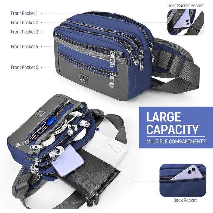 Чоловіча/жіноча поясна сумка на пояс з 7 кишенями на блискавці для спорту, фітнесу, бігу, велоспорту, подорожей та кемпінгу, блакитна