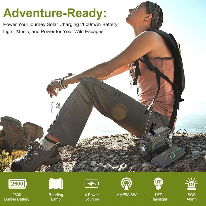 Радіо-крутилка Notfallradio з Powerbank 2600mAh, сонячною та USB-C зарядкою, AM/FM/SW приймач, LED ліхтарик та SOS-сигналом для екстрених наборів (зелене)