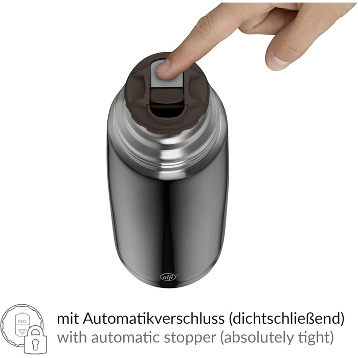 alfi ISOTHERM PERFECT AV 1.0L, cool grey matte, stainless steel insulated bottle with drinking cup, absolutely leak-proof with automatic closure, detachable, keeps drinks warm for 12 hours, fingerprint-resistant, BPA-free