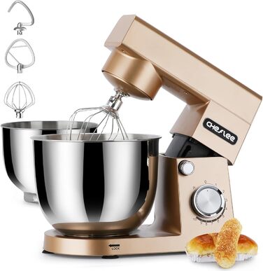 Кухонна машина Cheflee 1500W з місткими чашами з нержавіючої сталі (4.5L, 5.5L) та 10+ швидкостей, набір насадок (міксер, гак для тіста, вінчик, захист від бризок) (Золота)