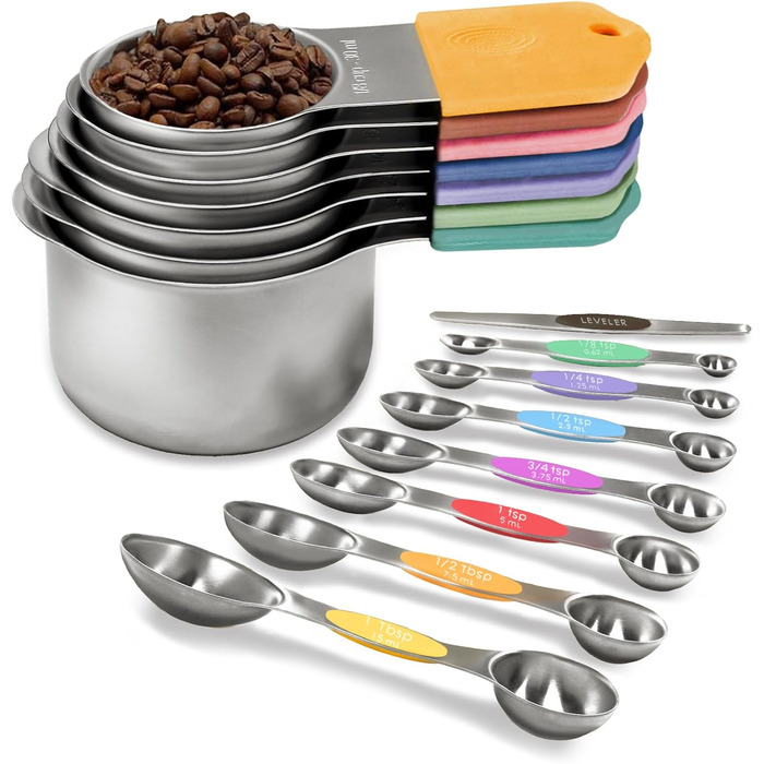 Magnetic Measuring Cup and Spoon Set, including 7 durable 304 stainless steel measuring cups and 8 magnetic measuring spoons with a leveler for cooking and baking (Color)