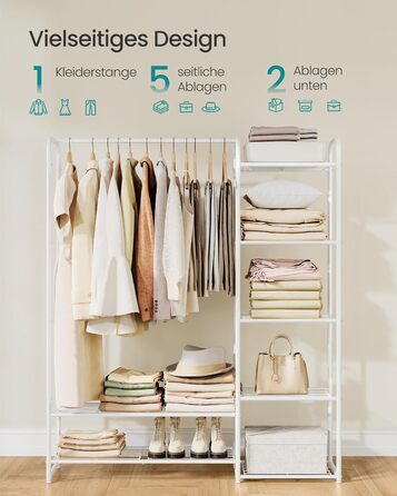 SONGMICS Взуттєва шафа, відкритий гардероб, вішалка для одягу, металева шафа для взуття з полицями, самостійна, 29 x 112 x 158,4 см, матовий білий LGR462W01 112B cm Mattweiß