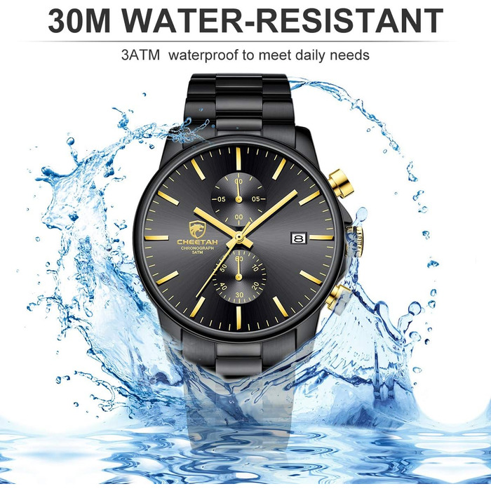Чоловічий годинник-хронограф з нержавіючої сталі та металу, водонепроникний, з автоматичним календарем та кольоровими стрілками (Золотий, Чорний)