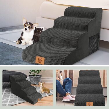 Dog stairs for small dogs, 4 steps pet stairs made of foam with a waterproof cover, detachable dog ramp cat stairs for sofa bed, send 1 lint roller (4-step black dog stairs)