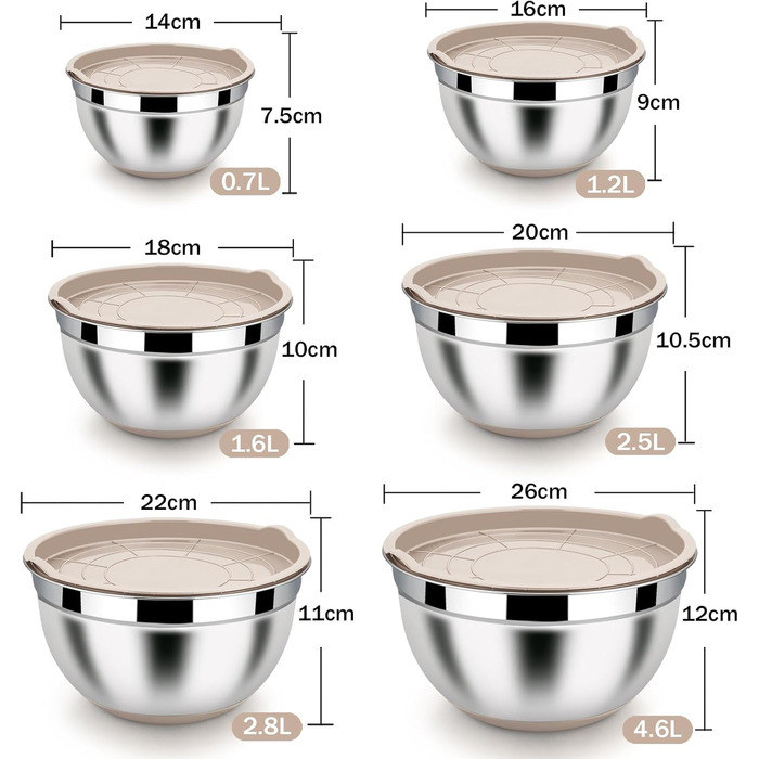Homikit Mixing Bowl Set, Stainless Steel Bowl Salad Bowl 6-Piece Set with Airtight Lid & Khaki Silicone Bottom, Nesting, 4.6L/2.8L/2.5L/1.6L/1.2L/0.7L