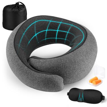 Подушка для шиї у літак, Memory Foam, ортопедична, для тривалих подорожей, з маскою для сну та навушниками, ваш незамінний аксесуар