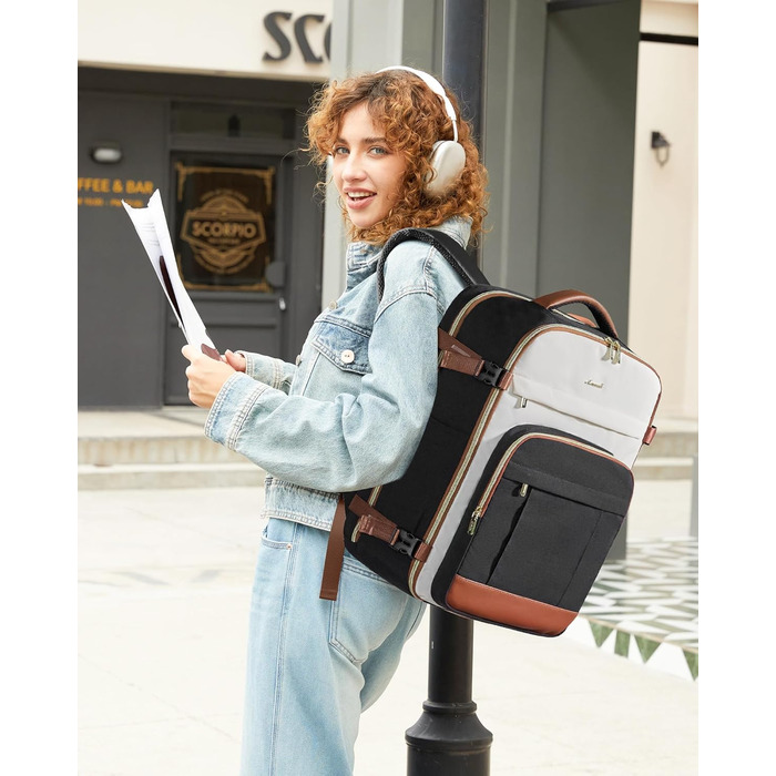 LOVEVOOK Рюкзак для ручної поклажі, 40L, для жінок з відділенням для 17-дюймового ноутбука, водонепроникний, для подорожей, роботи, бізнесу, Weekender, хакі (чорний-бежевий-коричневий)