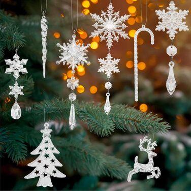 Anstore 30 Pcs Acrylic Ice Stick Snowflake Dangle Charms, Christmas Tree Crystal Decorations, Christmas Tree Ornaments Snowflake Hanging Winter Decorations for Party Wedding Christmas Decorations Transparent