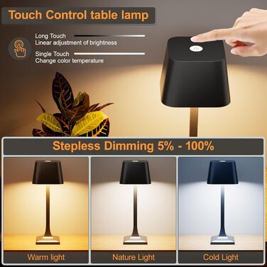 LED настільна лампа бездротова диммируемая торканням - 3 колірні температури, 5200mAh акумулятор, зарядка USB-C, водонепроникність IP54, алюміній, для дому та вулиці, нічник, настільна лампа для їдальні, робочий стіл (чорний)