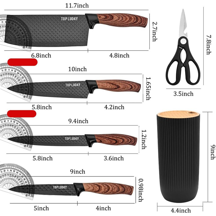 Набір ножів Messer Set, 6 шт. Чорний набір ножів у блоці для кухні, професійний набір кухонних ножів з нержавіючої сталі, для нарізання, шинкування та рубання